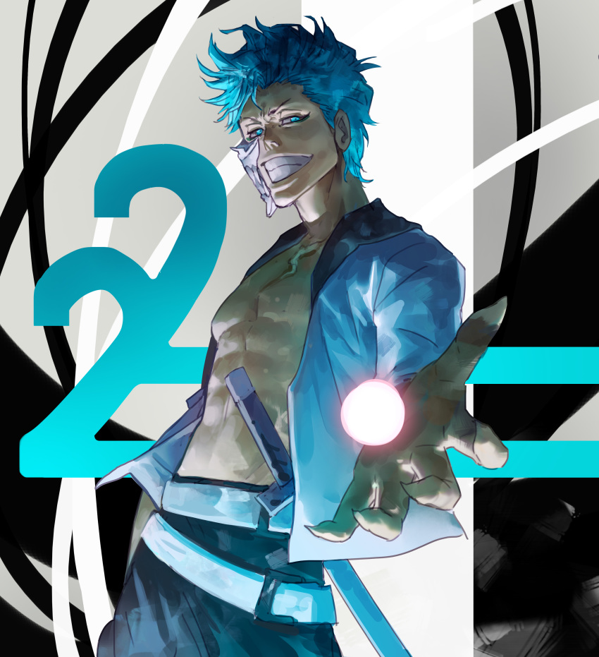 1boy, abs, absurdres, arrancar, belt, black_pants, bleach, blue_eyes
