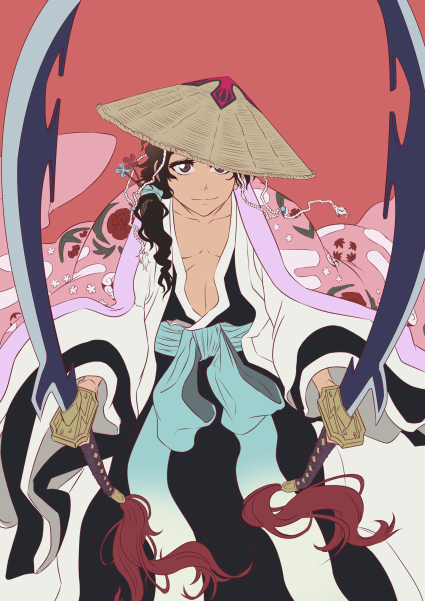 1boy, absurdres, aged_down, black_kimono, bleach, brown_eyes, brown_hair, closed_mouth, commentary, english_commentary, eyelashes, feet_out_of_frame, floral_print, hair_ornament, hair_stick, hat, highres, holding, holding_sword, holding_weapon, japanese_clothes, katen_kyoukotsu_(shikai), kimono, kyouraku_shunsui, layered_clothes, layered_kimono, long_hair, looking_at_viewer, pink_kimono, ponytail, red_background, shikai, simple_background, smile, solo, sonzhondaya, straw_hat, sword, wavy_hair, weapon, white_kimono
