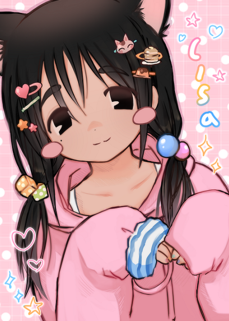 1girl, animal_ears, black_eyes, blush_stickers, brown_hair, cat_ears, cat_girl, cat_hair_ornament