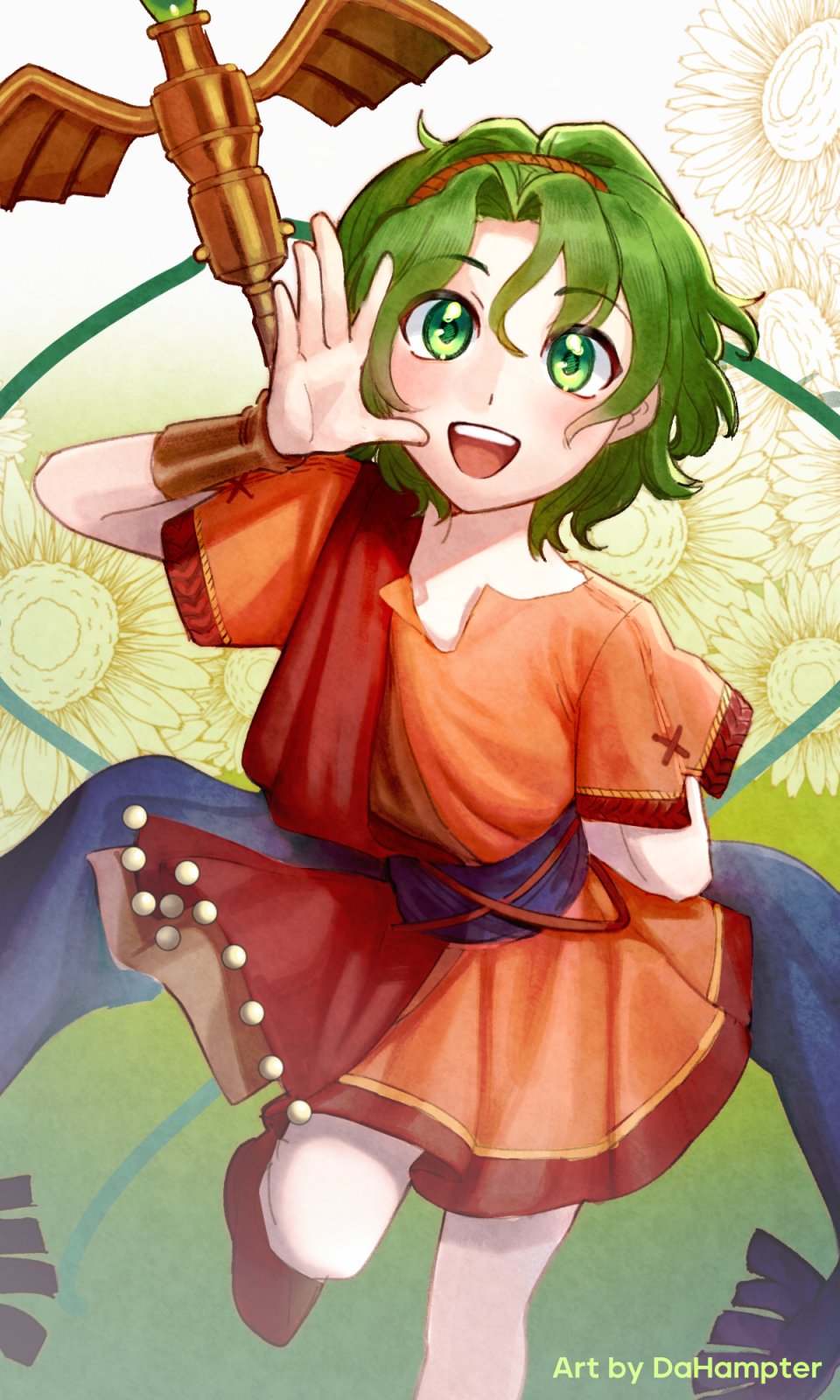 1girl, character_request, dahampter, fire_emblem, fire_emblem:_genealogy_of_the_holy_war, fire_emblem:_thracia_776, fire_emblem_heroes, highres, holding, holding_staff, holding_weapon, staff, standing, standing_on_one_leg, weapon