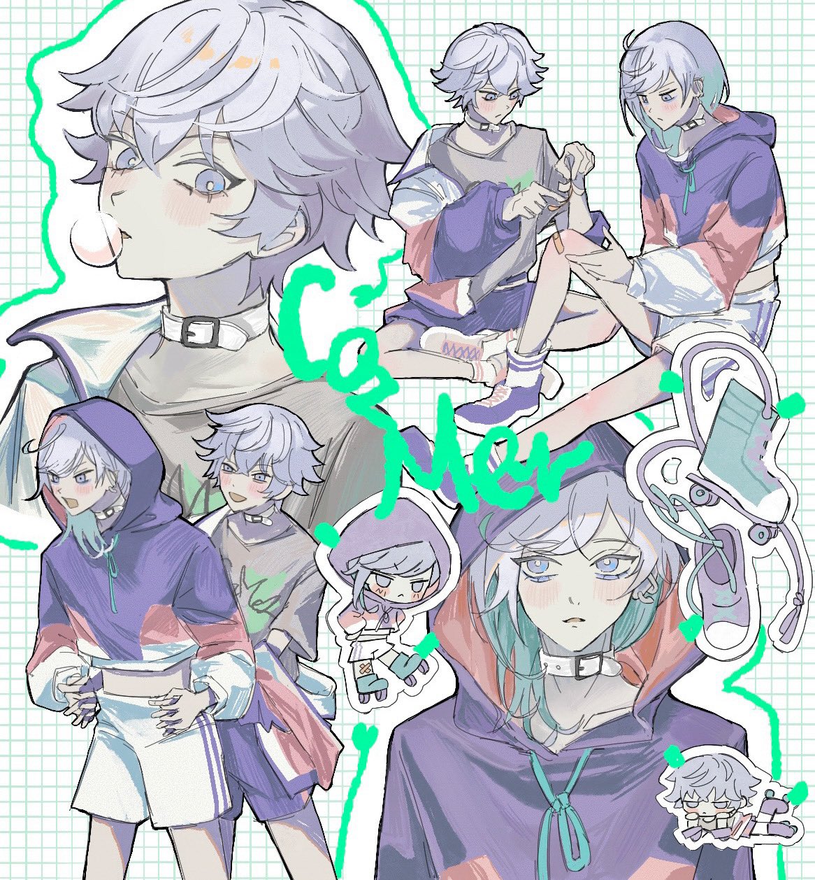 2boys, aqua_hair, brothers, bubble_blowing, chewing_gum, choker, czmzsex, grey_background, highres, hood, hood_up, jacket, male_focus, medium_hair, multiple_boys, paradox_live, purple_hair, purple_jacket, roller_skates, short_hair, shorts, siblings, skates, twins, white_choker, white_shorts, yatonokami_kanata, yatonokami_nayuta