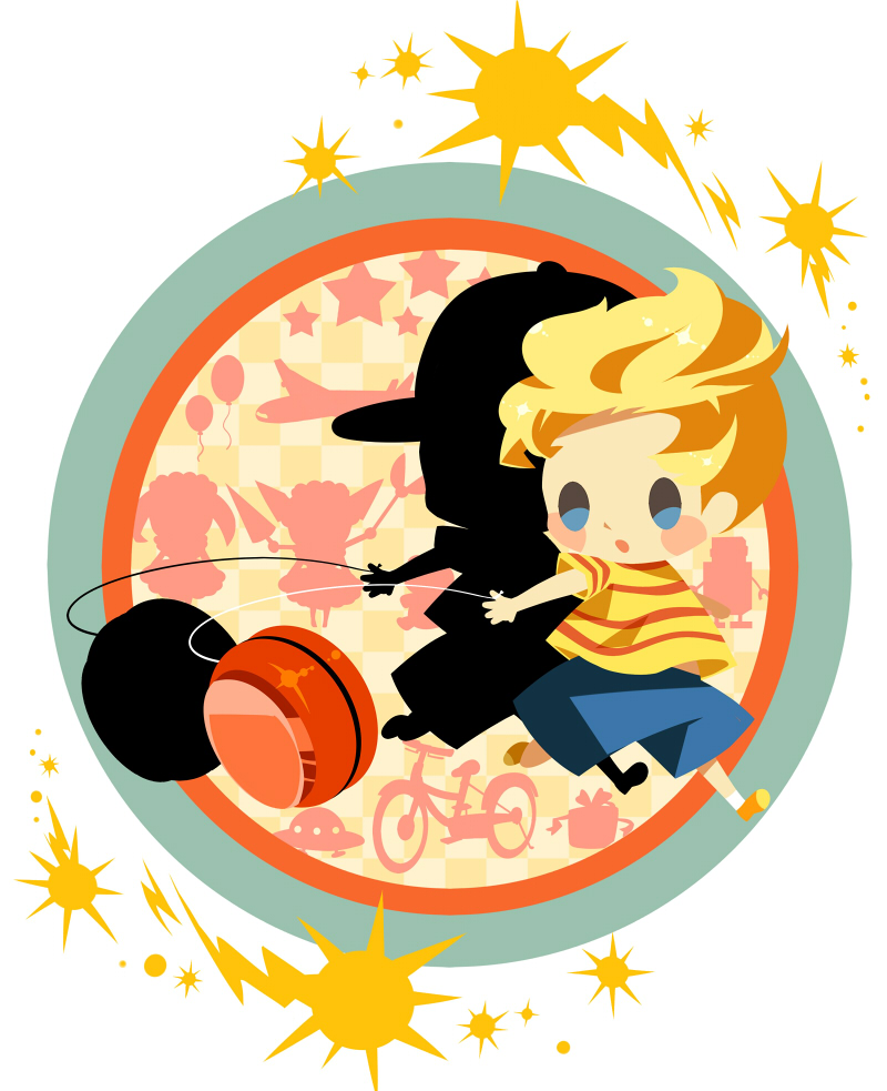 1boy, aircraft, airplane, balloon, bicycle, blonde_hair, blue_shorts, blush_stickers