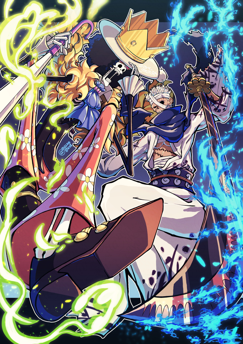 2boys, absurdres, afro, artist_name, ascot, bandage_on_face, bandage_over_one_eye, bandages