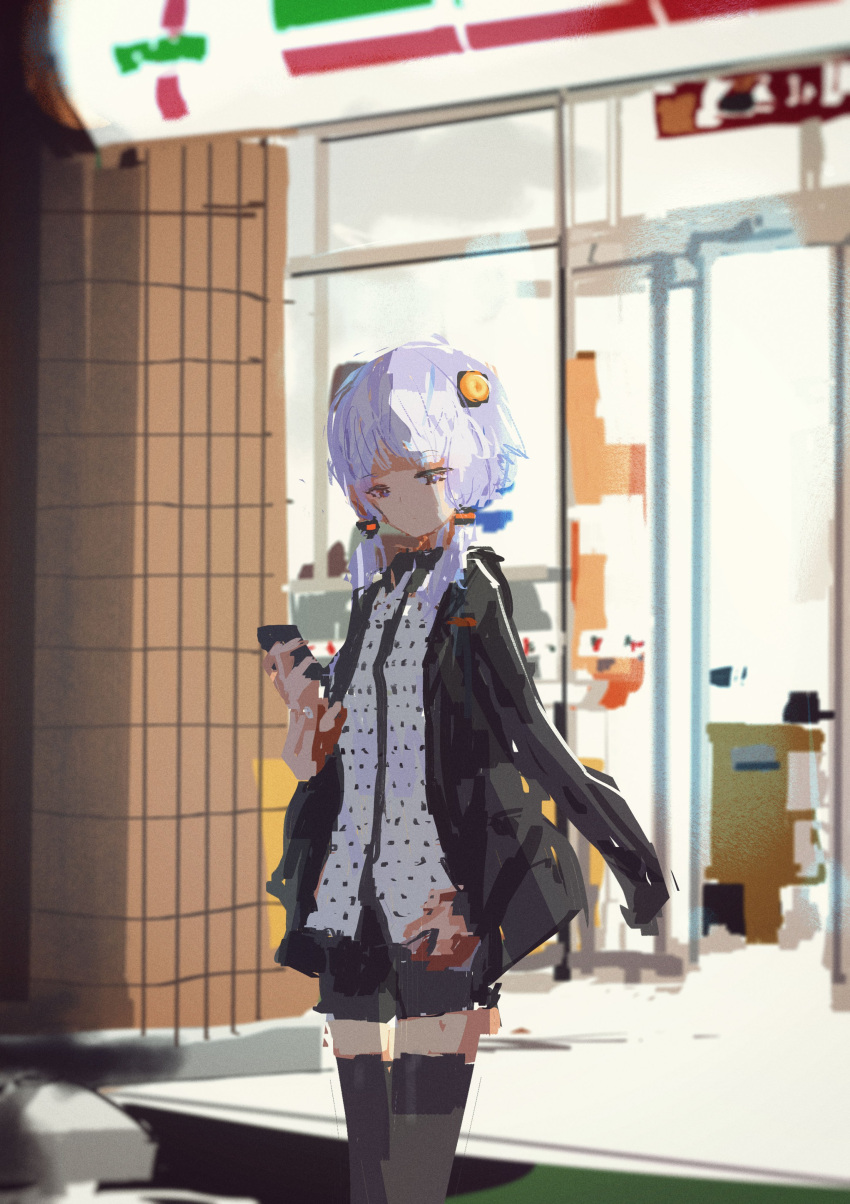 1girl, 7-eleven, a.i._voice, absurdres, arm_at_side, black_jacket, black_shorts, black_thighhighs