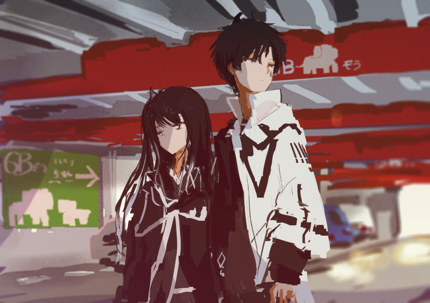 1boy, 1girl, absurdres, arms_at_sides, averuni_(coefont), black_coat, black_eyes, black_hair
