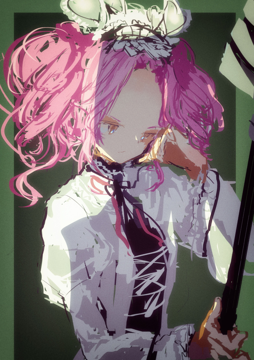 1girl, :/, absurdres, border, brown_eyes, closed_mouth, commentary_request, curtained_hair