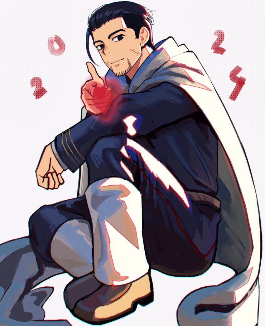 1boy, 2024, aiming, aiming_at_viewer, black_eyes, black_hair, boots, brown_footwear, cape, dated, facial_hair, finger_gun, full_body, golden_kamuy, highres, imperial_japanese_army, knee_up, long_sleeves, looking_at_viewer, ogata_hyakunosuke, scar, scar_on_cheek, scar_on_face, sitting, stnutt, stubble, white_cape