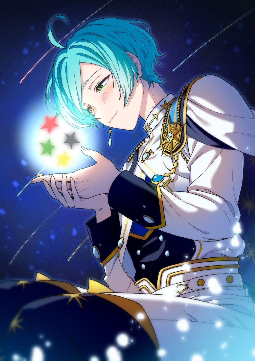 1boy, absurdres, ahoge, baldstorm, blue_footwear, blue_hair, blush, boots, earrings, ensemble_stars!, green_eyes, highres, jacket, jewelry, long_sleeves, looking_down, male_focus, pants, shinkai_kanata, shooting_star, short_hair, sitting, solo, star_(symbol), starry_background, white_jacket, white_pants