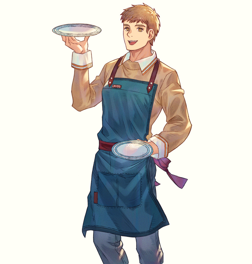 1boy, :d, apron, brown_hair, brown_shirt, character_name, dungeon_meshi, english_commentary
