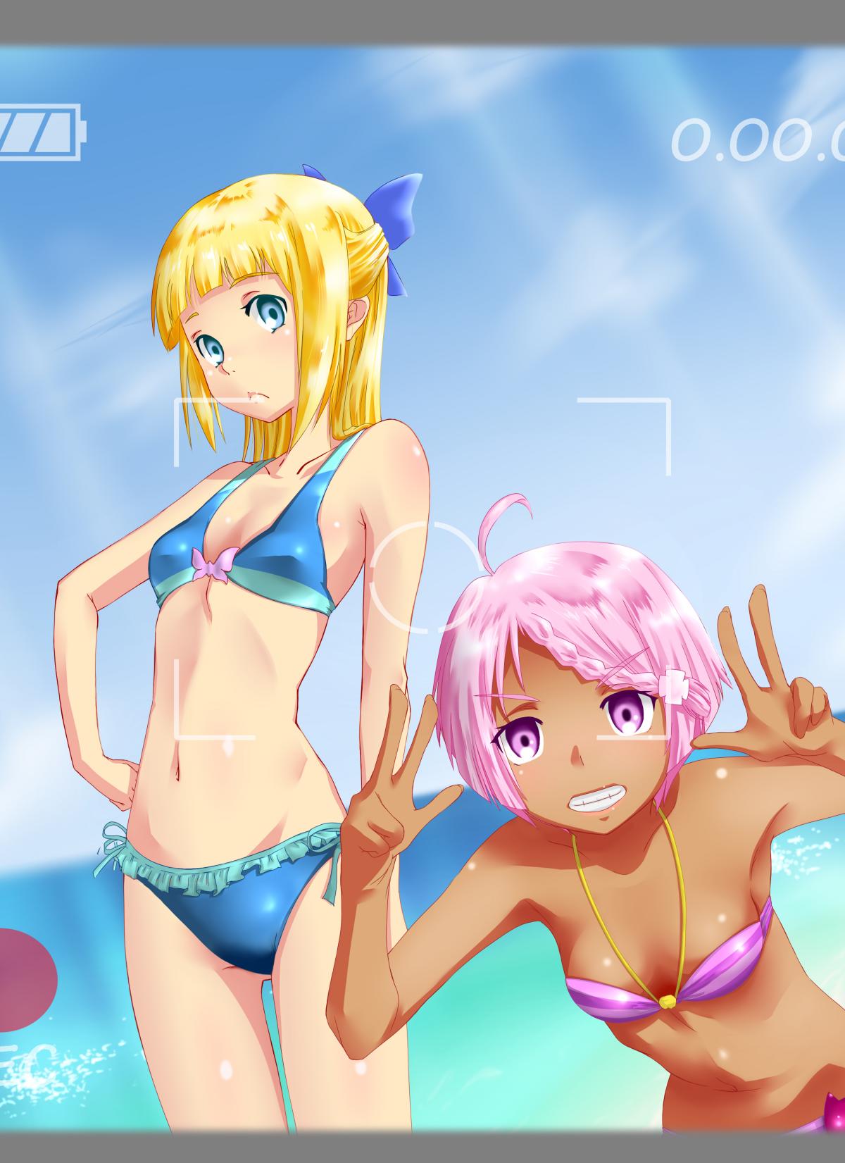 2girls, ahoge, alternate_costume, ass_visible_through_thighs, beach, bikini, blonde_hair, blue_eyes, blue_skirt, blunt_bangs, bow, braid, breasts, closed_mouth, clouds, dark-skinned_female, dark_skin, day, double_v, elena_peoples, eureka_seven_(series), eureka_seven_ao, fleur_blanc, french_braid, frilled_skirt, frills, hair_bow, hair_ornament, hairclip, hand_on_own_hip, hand_up, happy, highres, jewelry, layered_skirt, looking_at_viewer, miniskirt, multiple_girls, navel, outdoors, pink_hair, ryuc4883, short_hair, skirt, sky, small_breasts, smile, standing, swept_bangs, swimsuit, v, viewfinder, violet_eyes