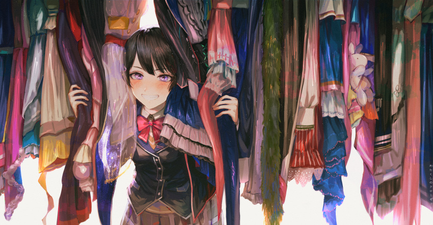 black_hair, black_jacket, black_skirt, blazer, blue_eyes, blush, bow, bowtie