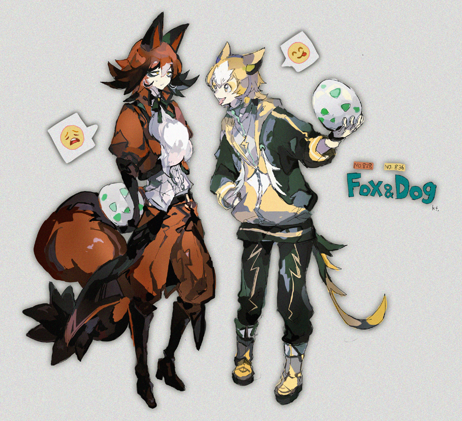 2boys, animal_ears, bags_under_eyes, belt, black_footwear, black_gloves, black_hair, black_pants