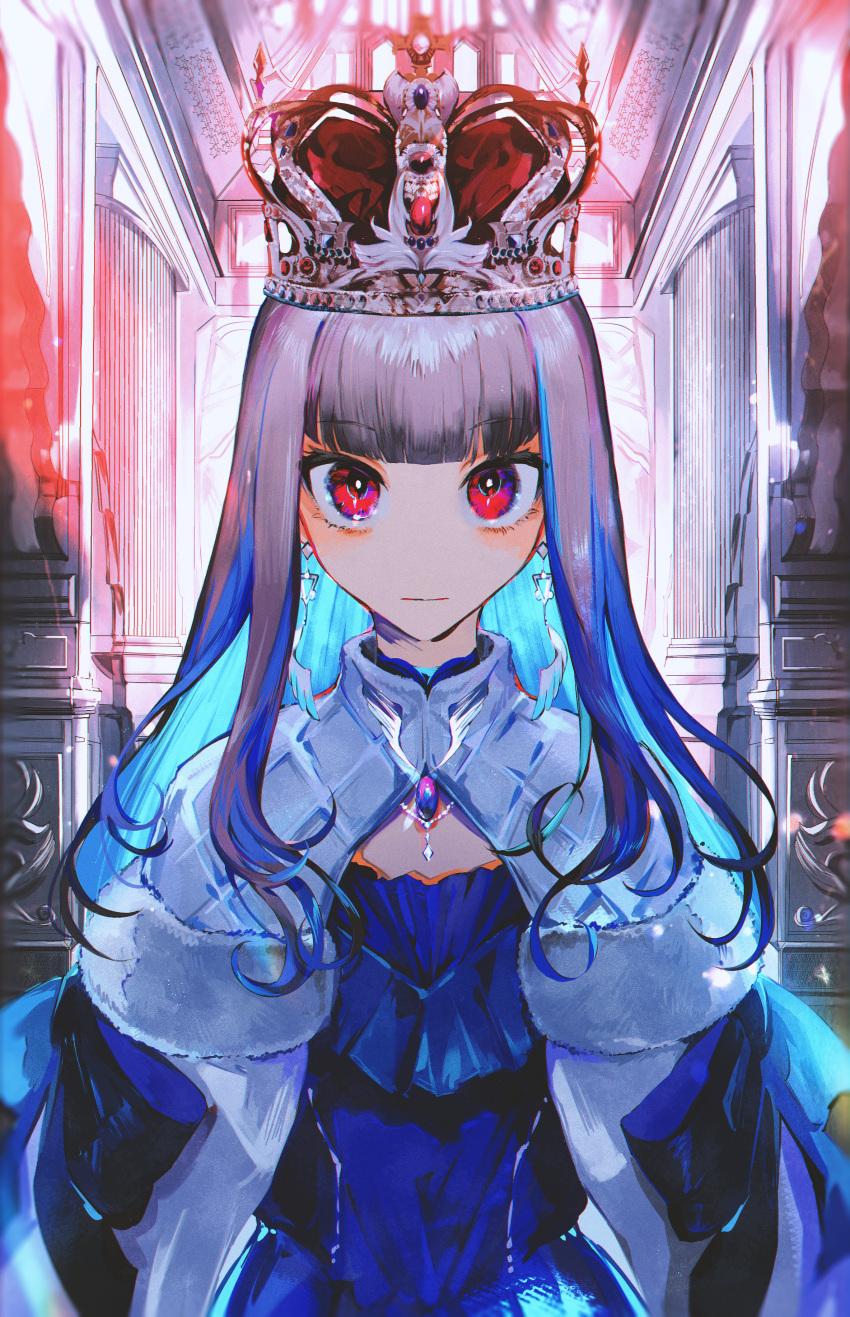 absurdres, blue_dress, blue_hair, blunt_bangs, cape, cloak, colored_inner_hair, commentary_request