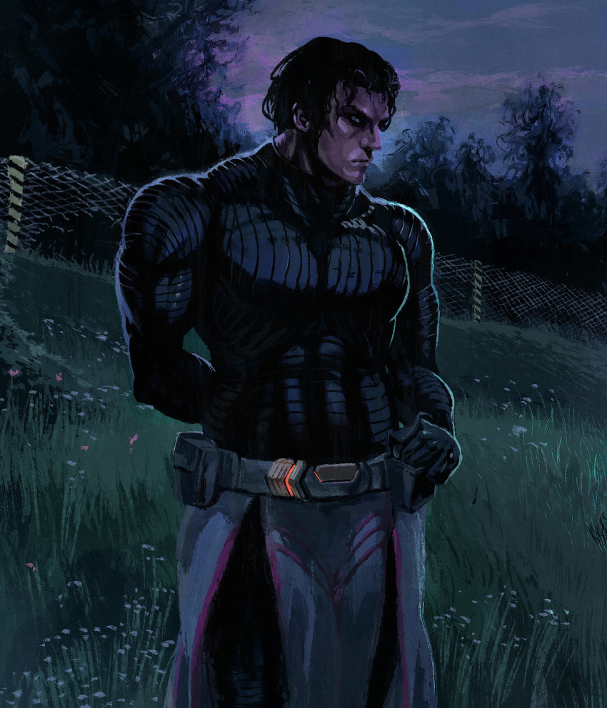 1boy, abs, angry, belt, chain-link_fence, chin, des_(desvitio), fence