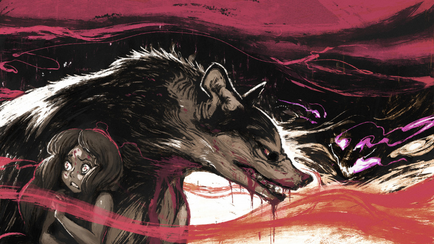 1girl, all_fours, animal_ears, arms_at_sides, bare_shoulders, black_fur, blood, blood_drip