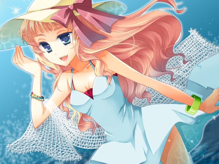 blue_eyes, bow, bracelet, breasts, cleavage, dress, hat, jewelry