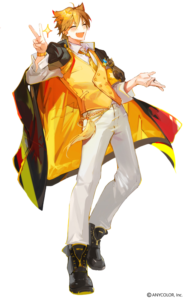 1boy, belt_chain, black_footwear, blonde_hair, boots, coat, coat_on_shoulders, collared_shirt