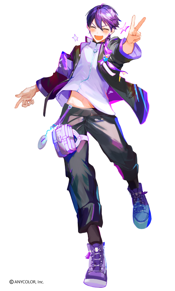 1boy, :d, armband, black_jacket, black_pants, blush, commentary_request, copyright_name