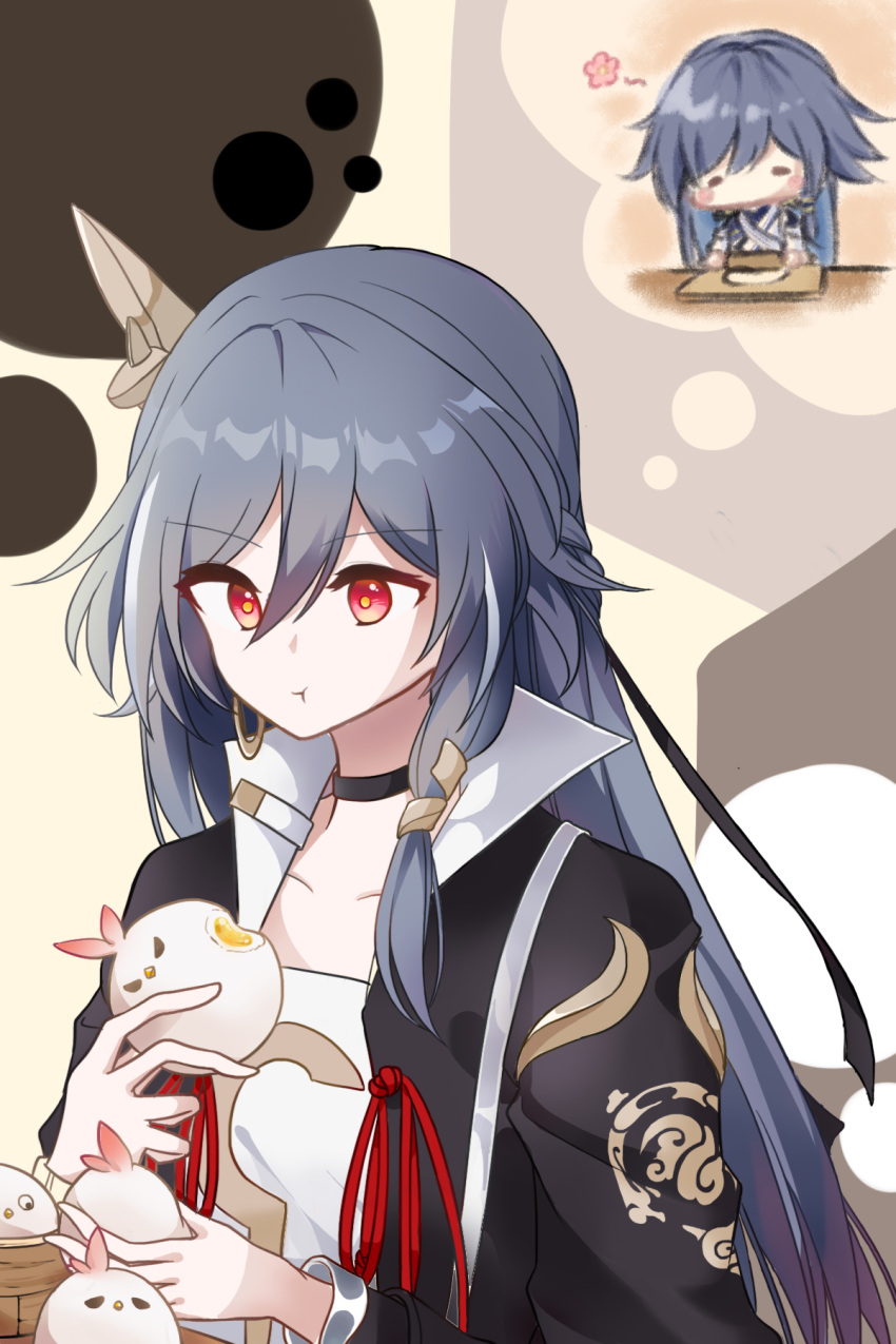 :t, black_choker, black_jacket, chibi, choker, closed_eyes, closed_mouth, commentary_request