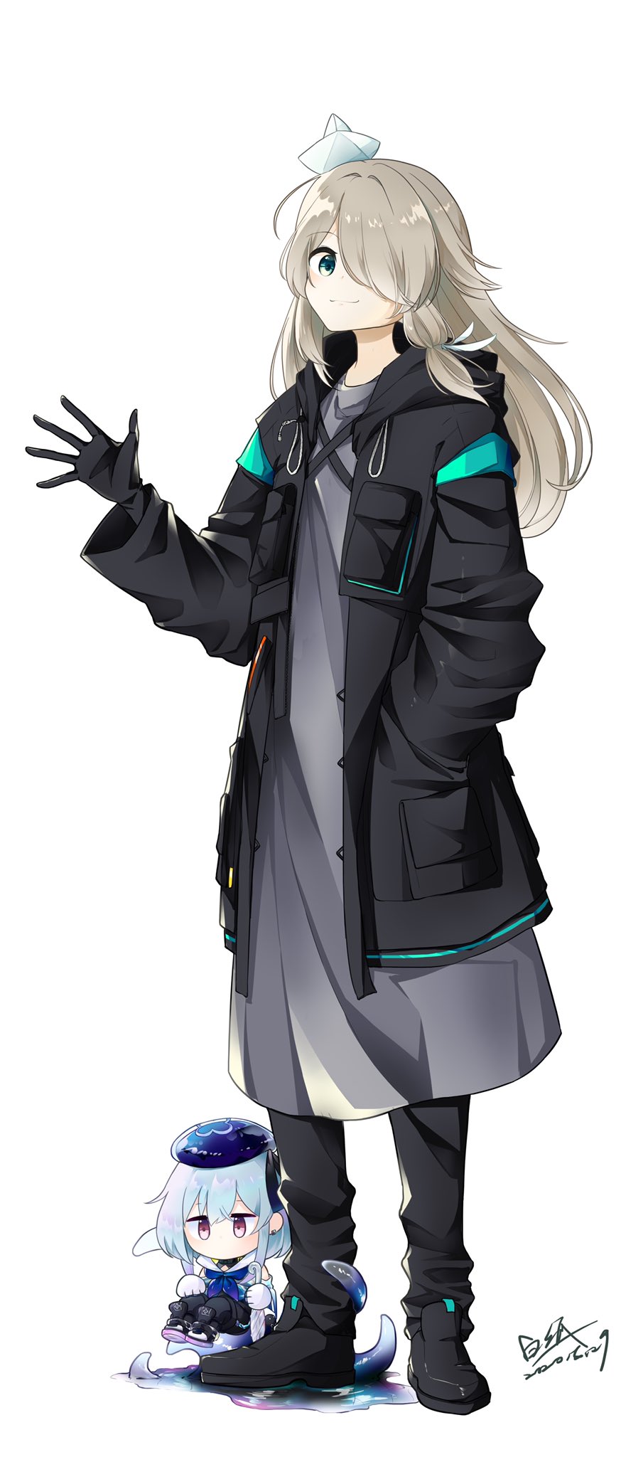 1boy, 1girl, arknights, beret, black_footwear, black_gloves, black_jacket, black_pants