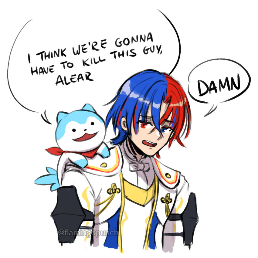 1boy, :3, alear_(fire_emblem), alear_(male)_(fire_emblem), animal_ears, animal_on_shoulder, armor, bandana