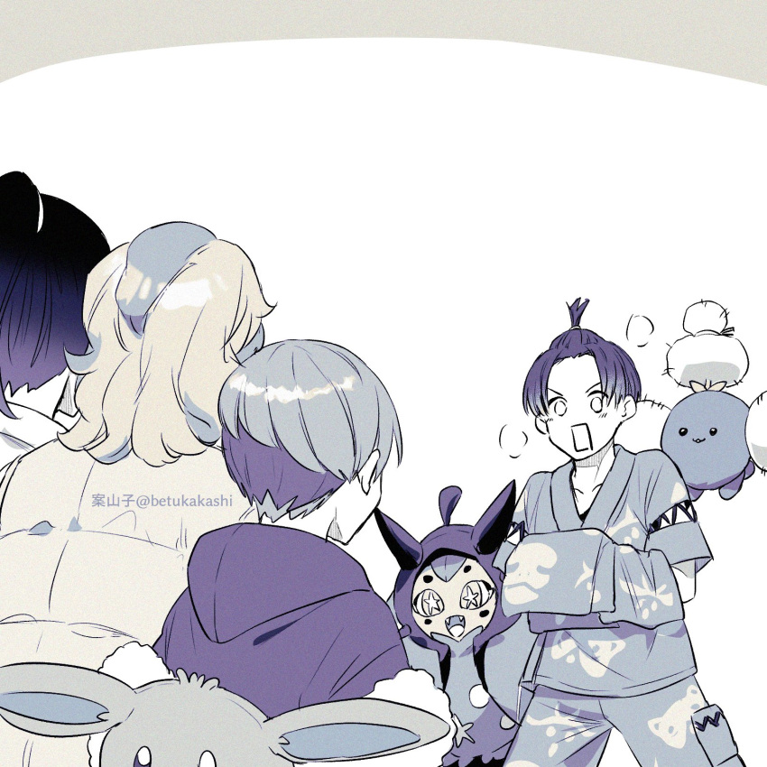 2boys, 2girls, arven_(pokemon), cross-laced_clothes, cross-laced_sleeves, fangs, festival_jinbei, florian_(pokemon)