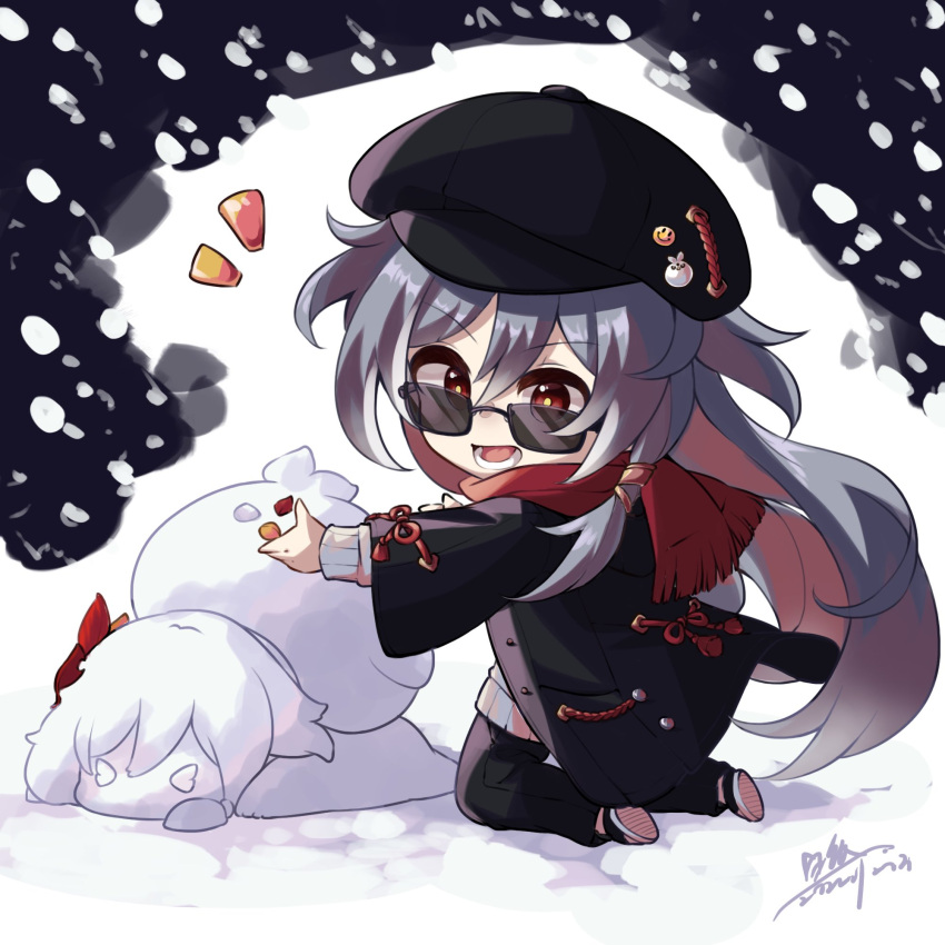 1girl, black_footwear, black_headwear, black_jacket, black_pants, cabbie_hat, chibi, commentary_request