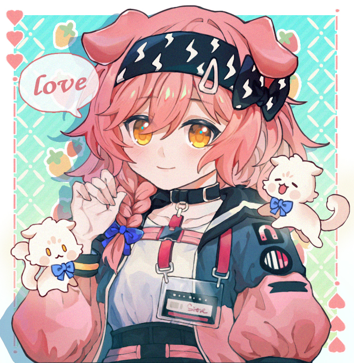 1girl, animal_ears, animal_on_shoulder, arknights, black_hairband, black_skirt, blue_bow, blue_bowtie