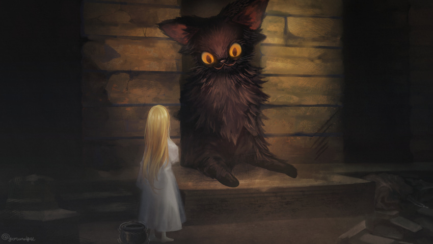 1girl, :3, absurdres, animal, barefoot, black_cat, blonde_hair, cat