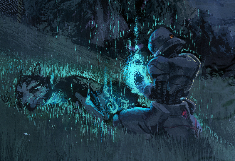 aura, black_fur, closed_eyes, des_(desvitio), dog, glowing, glowing_hand, grass