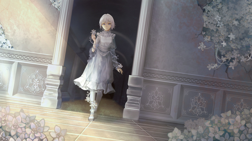 1girl, absurdres, blue_eyes, broken_wall, crack, cracked_wall, dress, dutch_angle