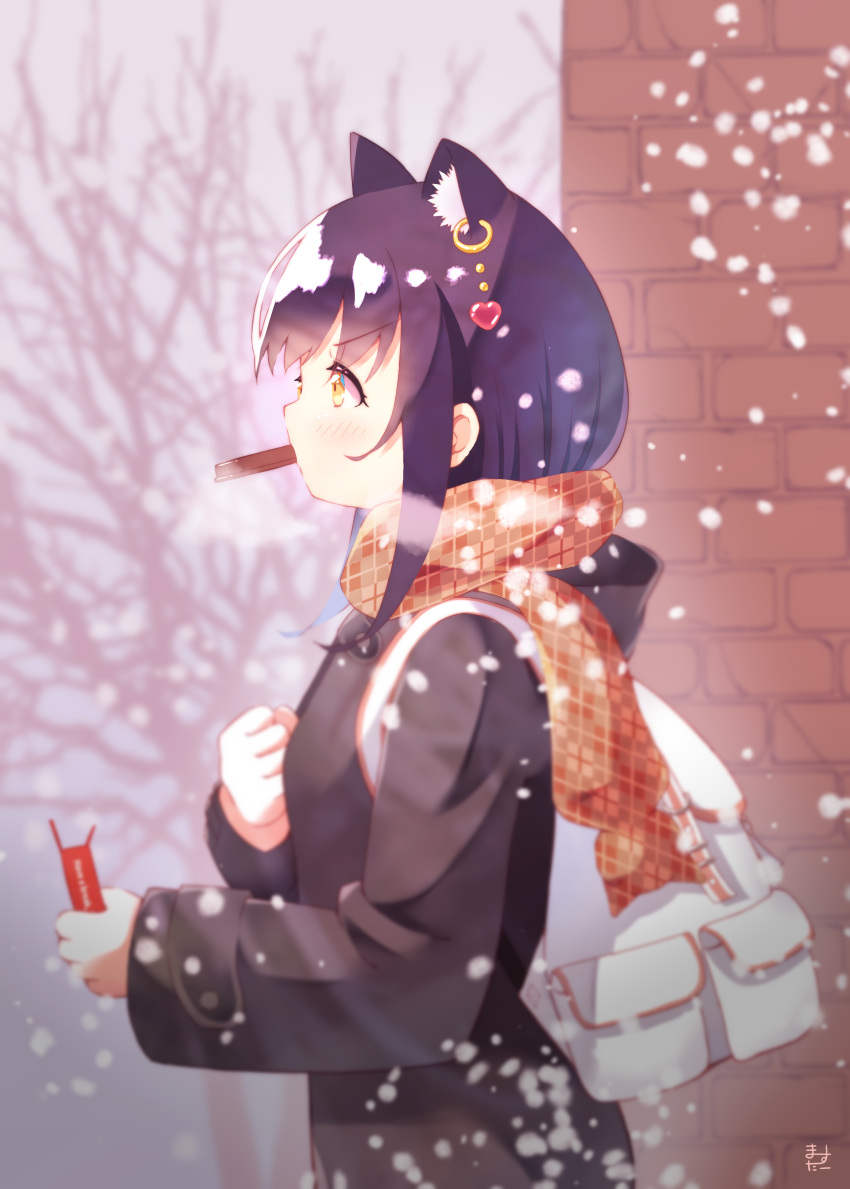 1girl, absurdres, animal_ear_fluff, animal_ears, backpack, bag, bare_tree, black_hair