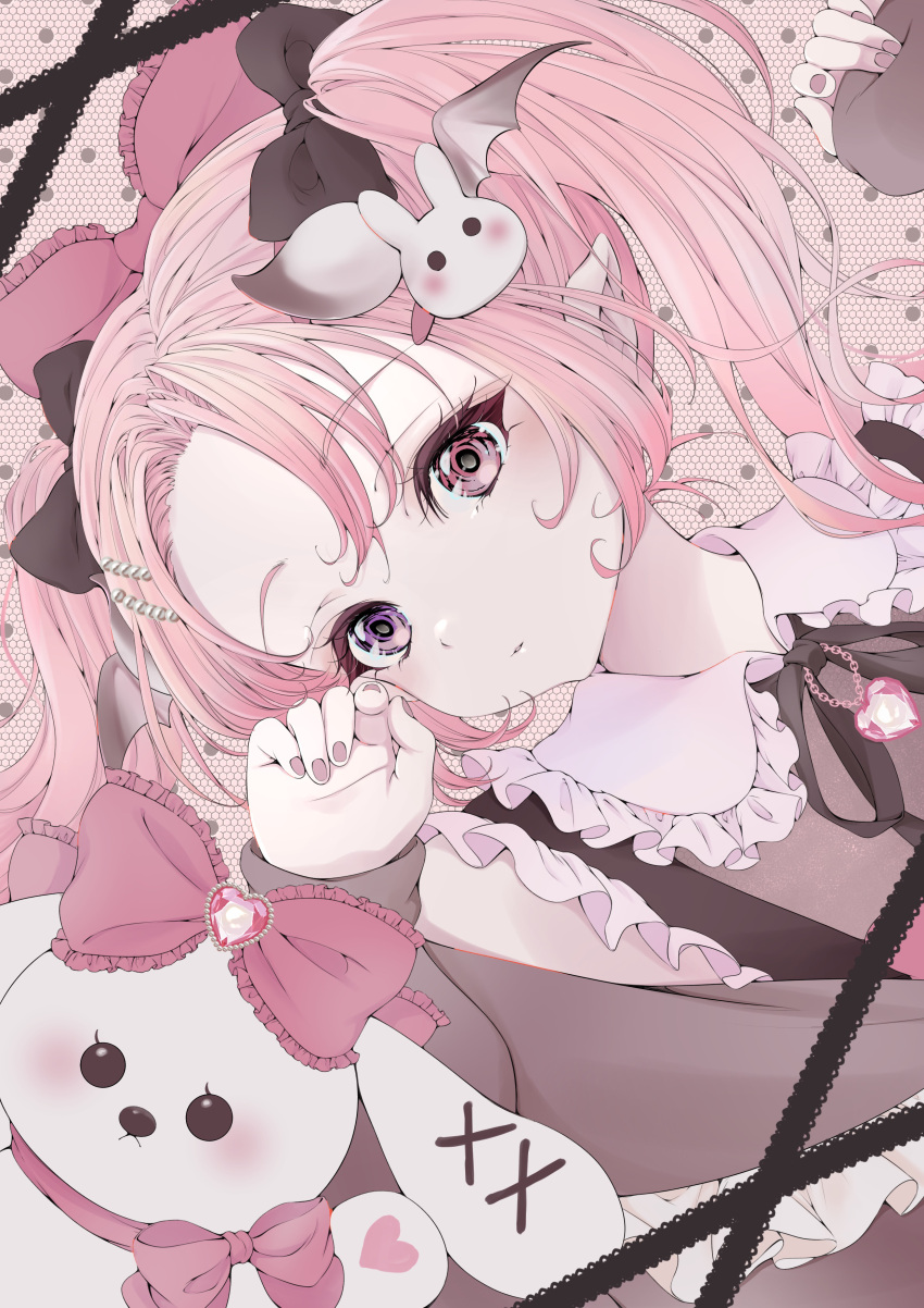 1girl, absurdres, blush, borrowed_character, bow, collared_shirt, expressionless, frilled_shirt_collar