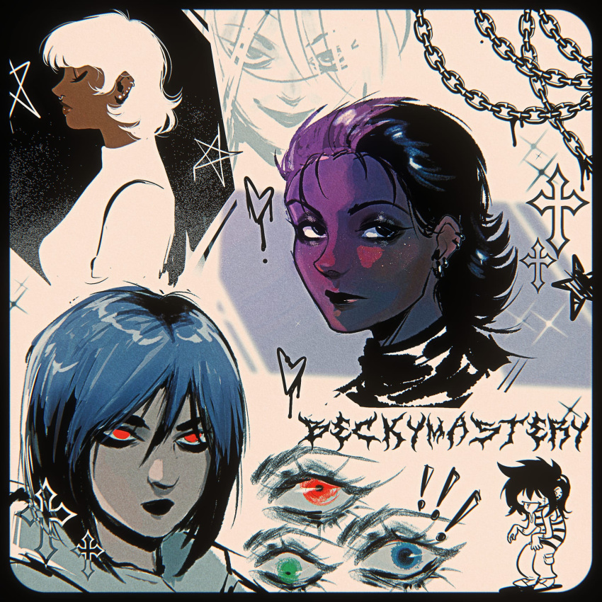 4girls, beckymastery, black_border, blue_eyes, blue_hair, border, cargo_pants, chain, closed_eyes, commentary, cross, dark-skinned_female, dark_skin, drooling, ear_piercing, earrings, green_eyes, hair_behind_ear, hair_between_eyes, highres, jewelry, medium_hair, multiple_earrings, multiple_girls, nose_piercing, nose_ring, original, pants, piercing, purple_hair, red_eyes, shirt, spanish_commentary, star_(symbol), striped, striped_shirt, white_hair