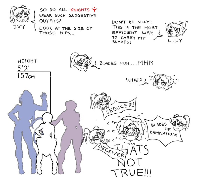 !, 4girls, armor, blush, closed_mouth, des_(desvitio), english_commentary, english_text