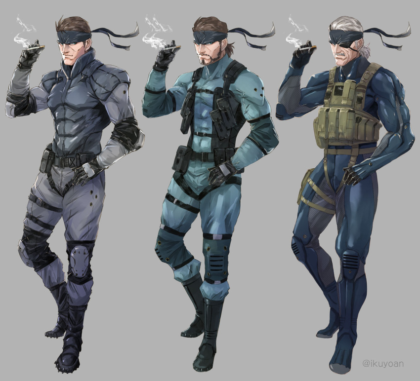 1boy, age_progression, armor, bandana, beard, brown_hair, cigarette, facial_hair