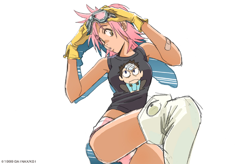 dokonjou_gaeru, flcl, gainaxtop, gloves, goggles, goggles_on_head, haruhara_haruko, nandaba_naota