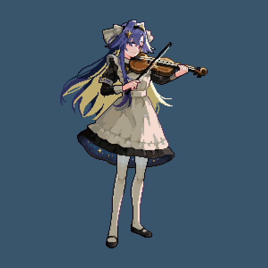 17antares, 1girl, apron, black_dress, black_footwear, black_hairband, blonde_hair, blue_background, blue_eyes, blue_hair, bow_(music), closed_mouth, colored_inner_hair, dress, frilled_apron, frills, full_body, hair_intakes, hair_ornament, hairband, holding, holding_bow_(music), holding_instrument, holding_violin, instrument, juliet_sleeves, long_hair, long_sleeves, looking_to_the_side, mary_janes, multicolored_hair, music, pantyhose, pixel_art, playing_instrument, puffy_sleeves, reverse:1999, school_uniform, shoes, short_dress, smile, solo, soviet_school_uniform, standing, star_(symbol), star_hair_ornament, starry_sky_print, violin, voyager_(reverse:1999), white_apron, white_pantyhose