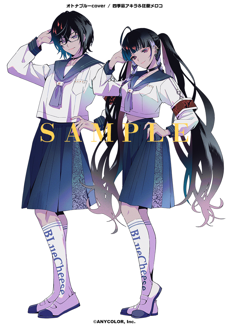 1boy, 1girl, ahoge, armband, atarashii_gakko!, black_choker, black_hair, blue_sailor_collar