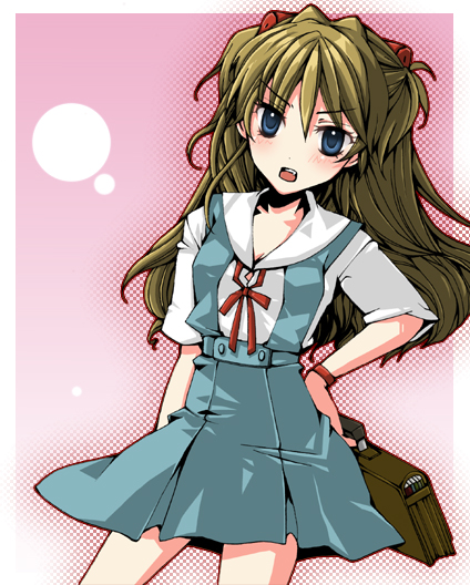 blue_eyes, blush, bow, bracelet, brown_hair, hand_on_hip, jewelry, long_hair