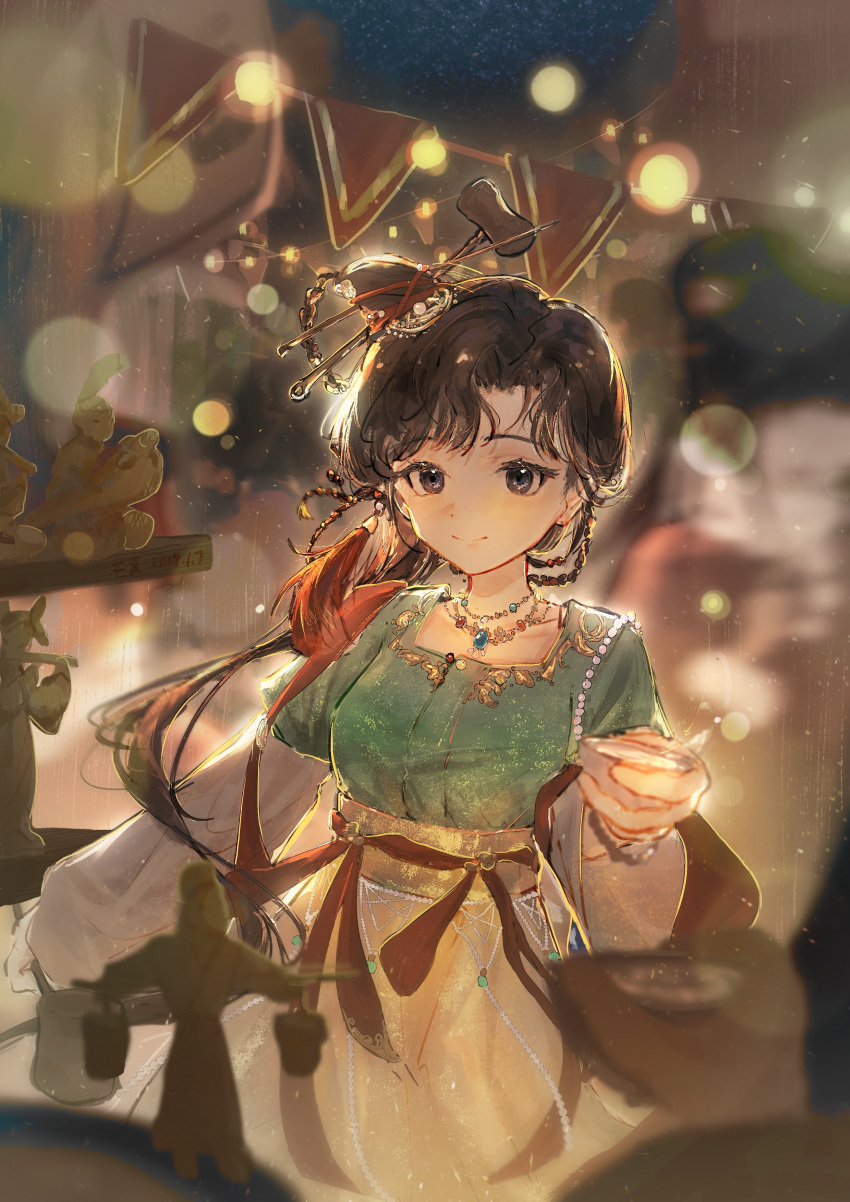 1girl, absurdres, alcohol, backlighting, black_eyes, black_hair, blurry, blurry_background