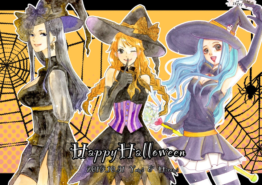 3girls, black_dress, black_hair, black_headwear, blue_hair, braid, brown_eyes, bug