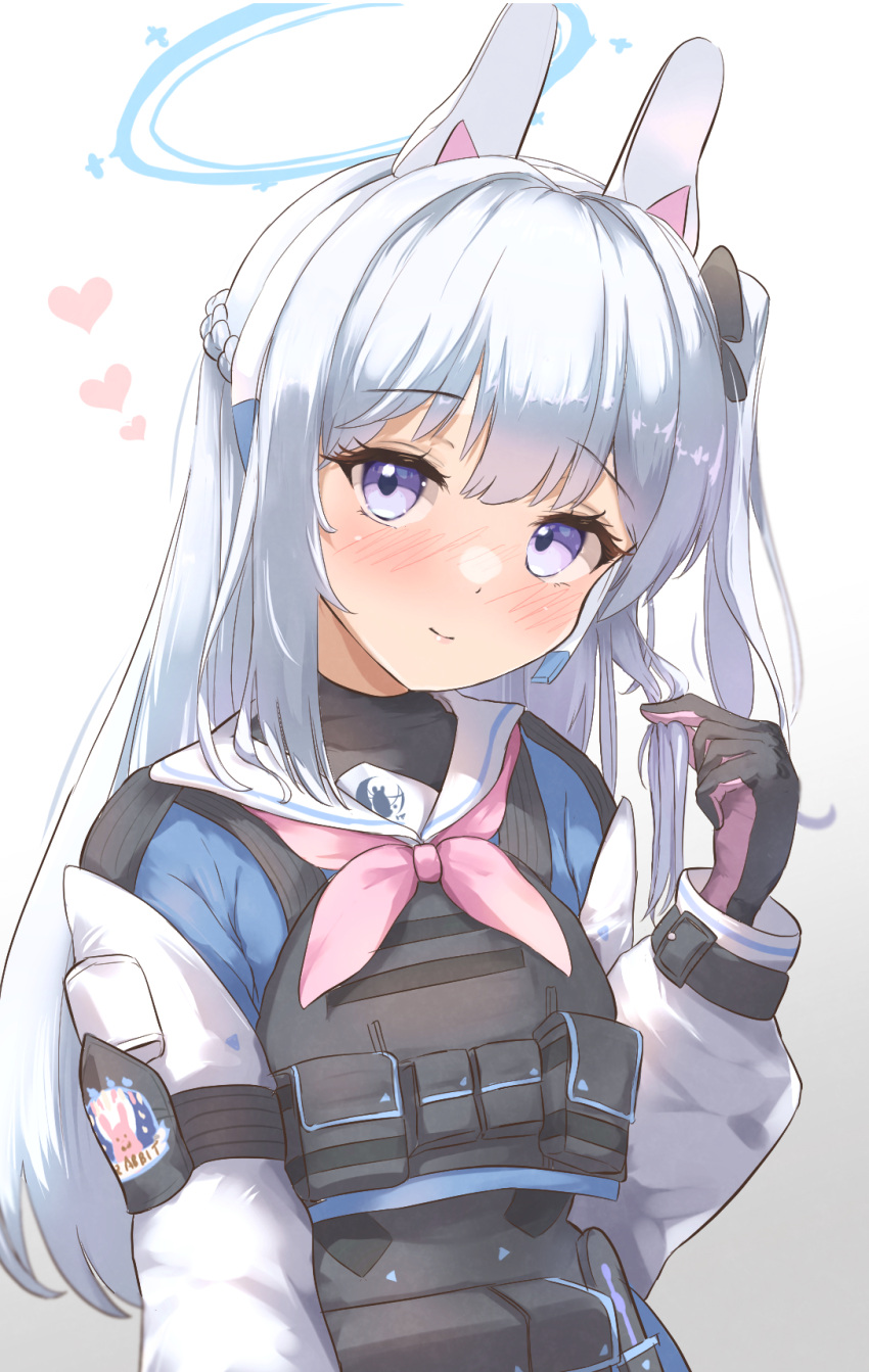 1girl, animal_ears, black_gloves, blue_archive, blue_halo, blue_serafuku, blush, closed_mouth