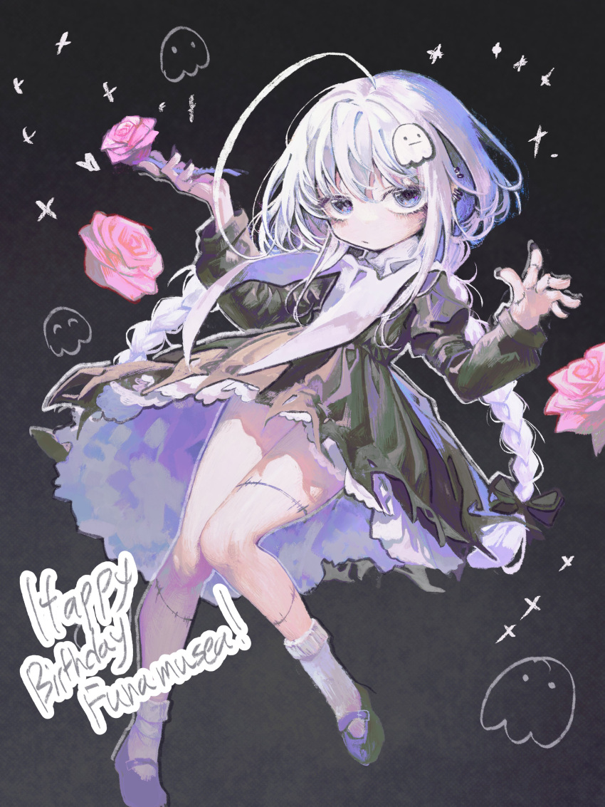 1girl, absurdres, ahoge, black_background, black_dress, black_footwear, braid, closed_mouth, dress, english_commentary, english_text, expressionless, flower, funamusea, ghost, ghost_hair_ornament, gothic_lolita, grey_eyes, happy_birthday, heart, highres, holding, holding_flower, huge_ahoge, indie_virtual_youtuber, lolita_fashion, mochiko_(funamusea), nekai, rose, sandals, socks, solo, star_(symbol), stitched_leg, stitches, twin_braids, white_hair