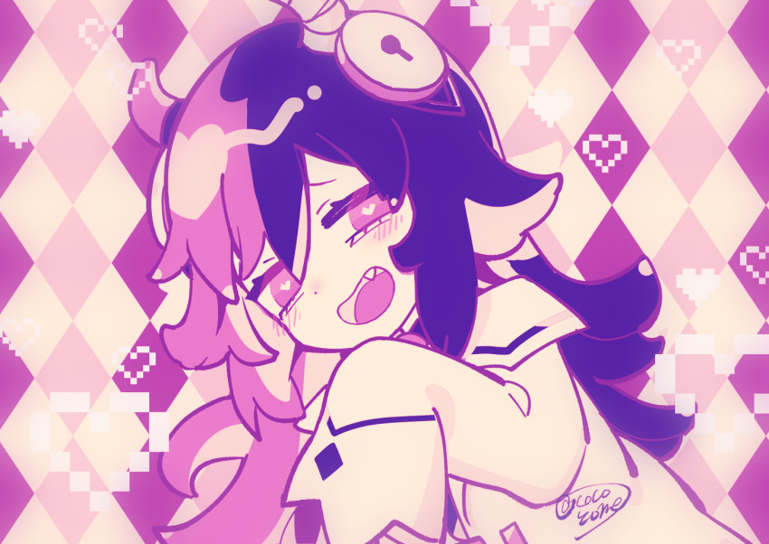 1girl, anemone_(goonya_monster), antenna_hair, argyle, argyle_background, artist_name, blue_hair, blush