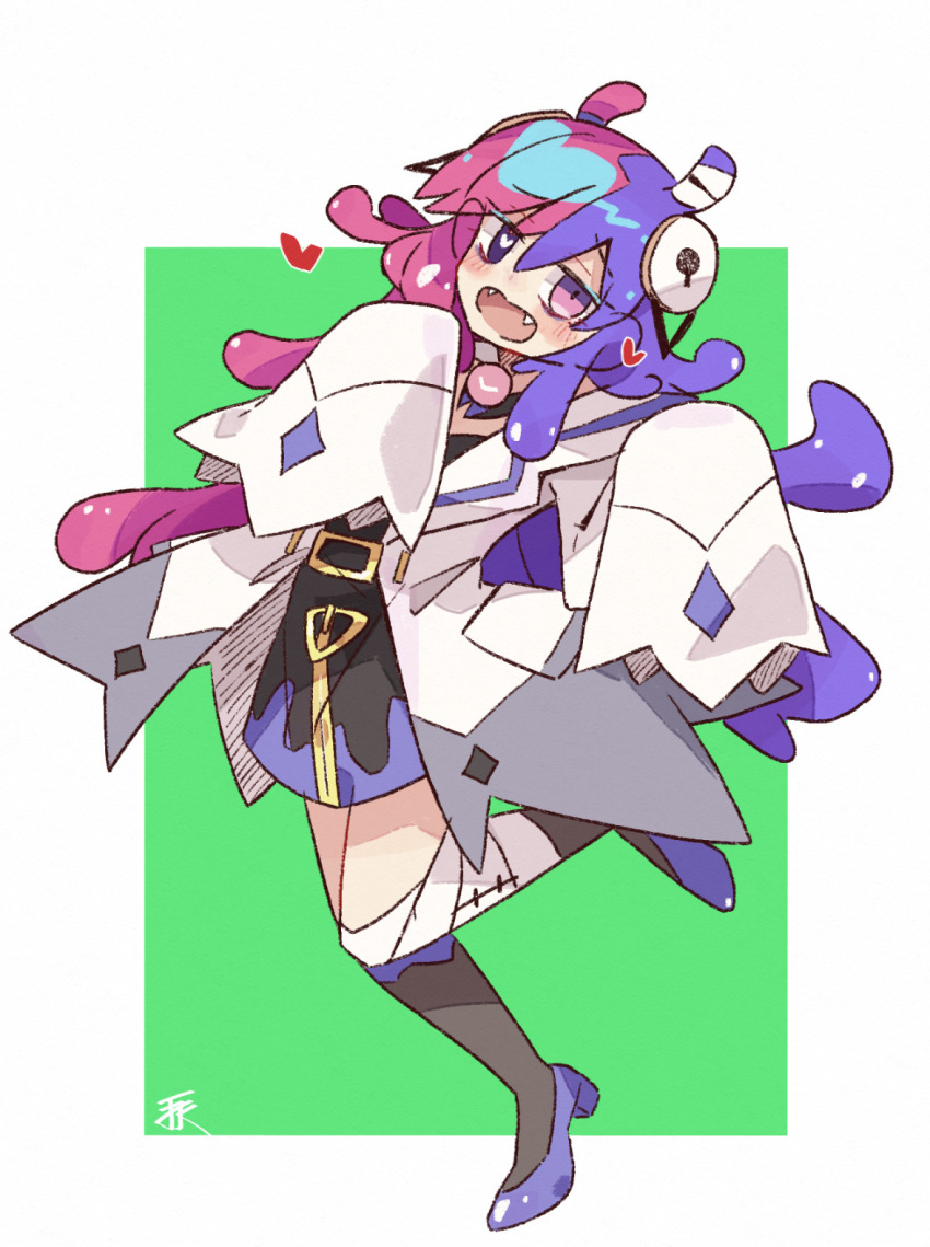 1girl, anemone_(goonya_monster), antenna_hair, antennae, artist_name, bandaged_leg, bandages, black_dress
