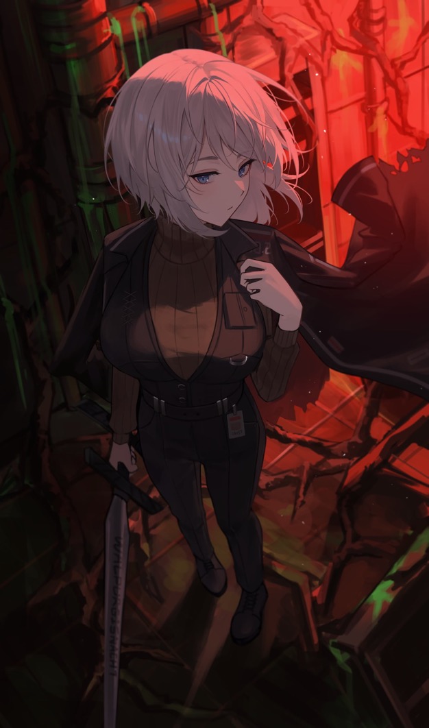 1girl, black_coat, black_vest, blue_eyes, brown_sweater, closed_mouth, coat, coat_on_shoulders