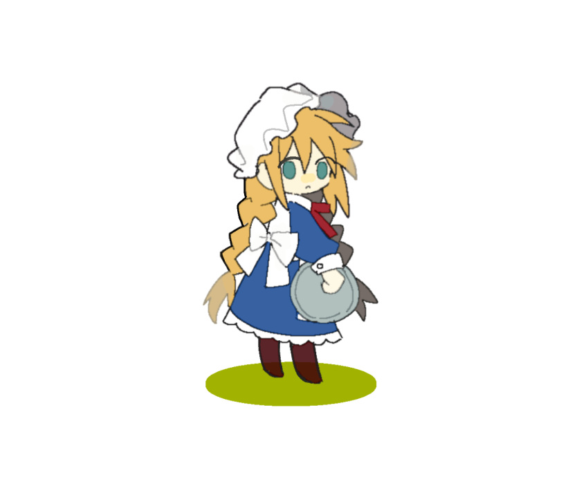 1girl, apron, back_bow, blonde_hair, blue_dress, blue_sleeves, boots, bow