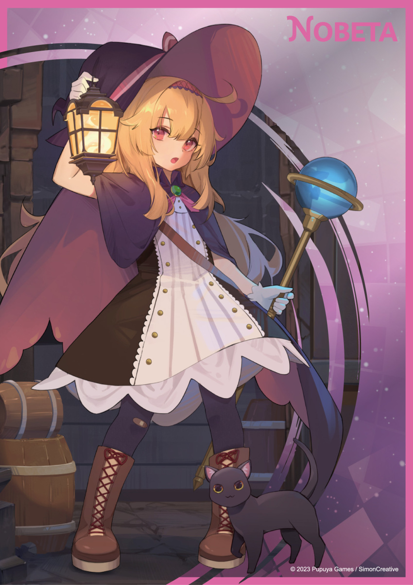 1girl, 2023, bandaid, bandaid_on_knee, bandaid_on_leg, barrel, black_cat, blonde_hair