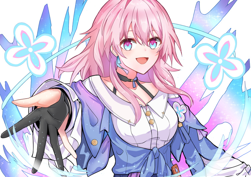 1girl, absurdres, archery_shooting_glove, black_choker, black_gloves, blue_eyes, blue_jacket, breasts, buttons, choker, collarbone, commentary, dress_shirt, earrings, flower_ornament, gloves, gradient_jacket, highres, honkai:_star_rail, honkai_(series), jacket, jewelry, long_sleeves, looking_at_viewer, march_7th_(honkai:_star_rail), medium_breasts, medium_hair, open_hand, open_mouth, partially_fingerless_gloves, pink_eyes, pink_hair, purple_jacket, reaching, reaching_towards_viewer, shirt, single_earring, smile, solo, tied_jacket, two-tone_eyes, underbust, upper_body, white_shirt, yonah_(619)